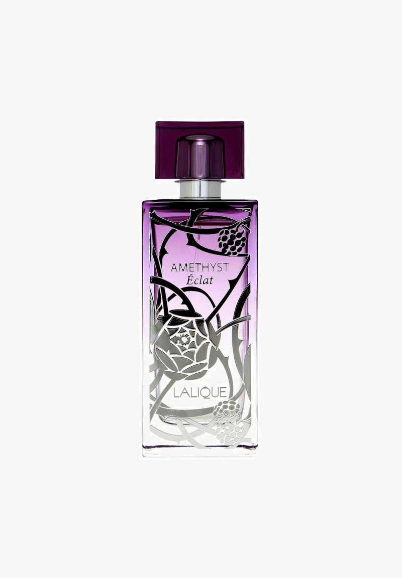 Amethyst Eclat parfumbutik, rektangulär, glas med en gradient-lyxig design från lila till klart, silverblommiga ingraverade mönster, rektangulär lila kork.