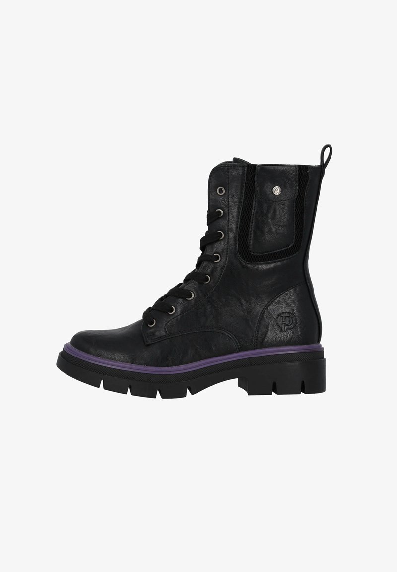 Zwarte leren veterschoenen tot de enkel met een gestructureerde afwerking, paarse accenten rondom de zool en een gaaszijde. Voorzien van ronde metalen oogjes.