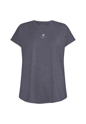 Graues Sport-T-Shirt aus leichtem, strukturiertem Stoff. Mit Rundhalsausschnitt und kurzen, weiten Ärmeln, versehen mit einem kleinen Logo in der Mitte.