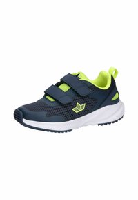 Marineblaue Sportschuhe mit Mesh-Obermaterial, neongelben Akzenten und verstellbaren Klettverschlüssen. Weiße Sohle mit strukturiertem schwarzen Profil.