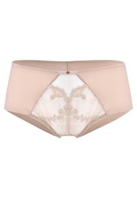 Beżowe majtki typu boyshorts wykonane z gładkiego materiału, z przezroczystą koronkową wstawką z haftem floralnym z tyłu oraz małym dekoracyjnym zapięciem na guzik.