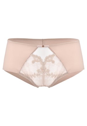 Beżowe majtki typu boyshorts wykonane z gładkiego materiału, z przezroczystą koronkową wstawką z haftem floralnym z tyłu oraz małym dekoracyjnym zapięciem na guzik.