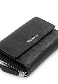 Black textured leather wallet with a zippered compartment, featuring a silver logo and a flap closure, compact rectangular shape.