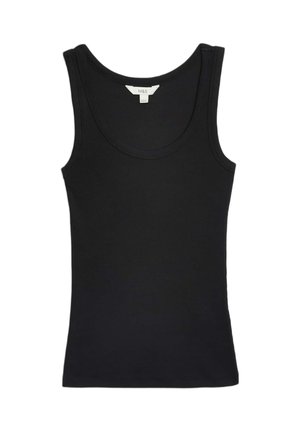 Zwarte mouwloze tanktop met een ronde halslijn; gemaakt van een gladde, rekbare stof; heeft een label met de tekst "M&S" aan de binnenkant.