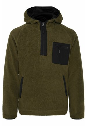 Olive green fleece pullover with black accents, zippered chest pocket, and side pockets. Features a hood and textured, warm fabric.