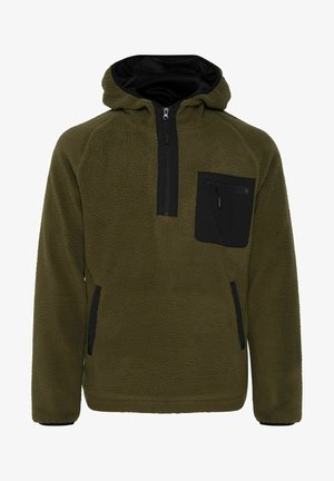 Olivgrön fleece-pullover med svarta detaljer, ficka med dragkedja på bröstet och sidofickor. Har en huva och en strukturerad, varm tyg.