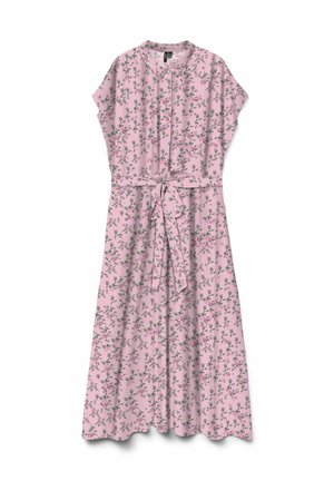 Robe midi rose avec petit motif floral vert, manches courtes, col, devant boutonné et ceinture assortie en tissu nouée à la taille.