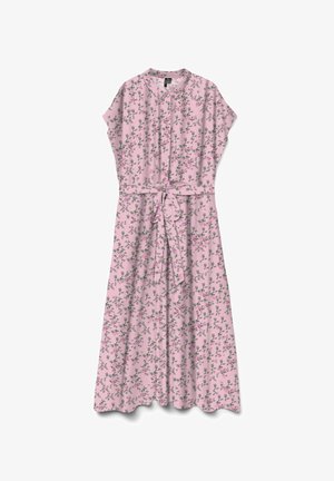 Rosa midi-kjole med lille grønt blomsterprint, korte ærmer, krave, knappet front og matchende stofbælte bundet i taljen.