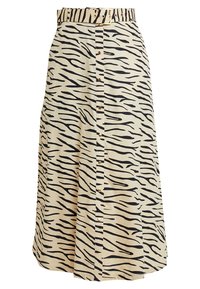 Sukně krémové barvy s černým tygřím pruhovaným vzorem, disponující širokým páskem, předním zapínáním na knoflíky a rozšířeným střihem. Hladká textura.