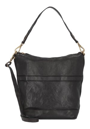 Borsa a spalla in pelle nera con finitura testurizzata, dotata di chiusura con zip, tracolla regolabile e dettagli in hardware dorato.