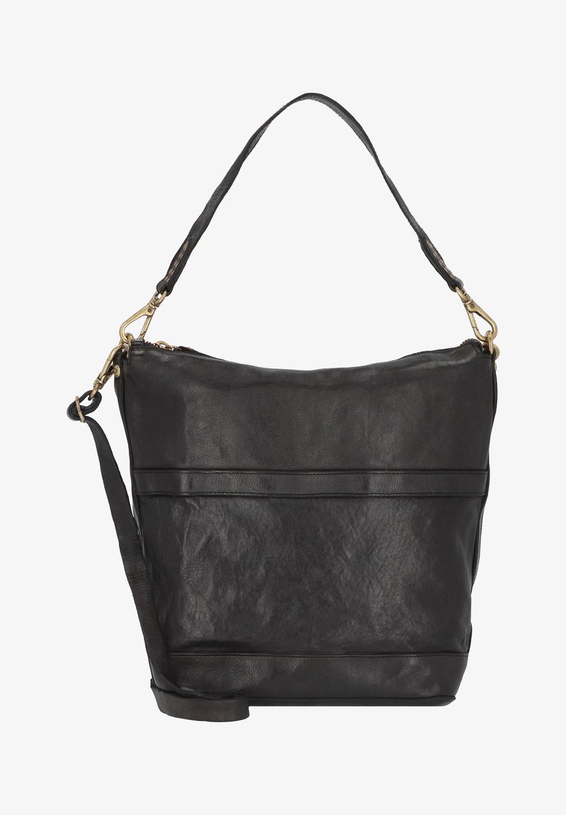 Schwarze Leder-Schultertasche mit strukturiertem Finish, ausgestattet mit einem Reißverschluss, verstellbarem Trageriemen und goldenen Hardware-Akzenten.