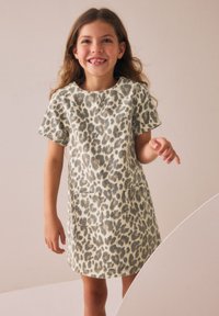 Fille souriante aux longs cheveux portant une robe beige et grise à manches courtes à imprimé léopard avec poches avant, debout devant un fond uni.