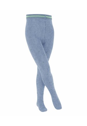 Collants en maille bleue avec une texture douce et un motif d'étoiles vertes, dotés d'une taille rayée contrastante. Conçus pour le confort et la chaleur.