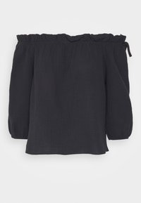 Svart off-shoulder blus i lättviktsmaterial med en texturerad yta, volangkrage och puffärmar.