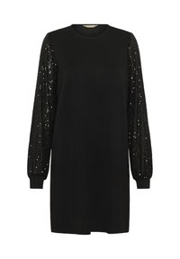 Crna haljina s okruglim izrezom i dugim rukavima. Rukavi imaju sjajni teksturirani uzorak, dok je tijelo glatko i ležerno.