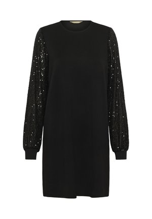 Mustad kleit ümmarguse kaeluse ja pikkade varrukatega. Varukad sisaldavad sädelevaid tekste, samas kui keha on sujuv ja lõdvestatud sobivusega.