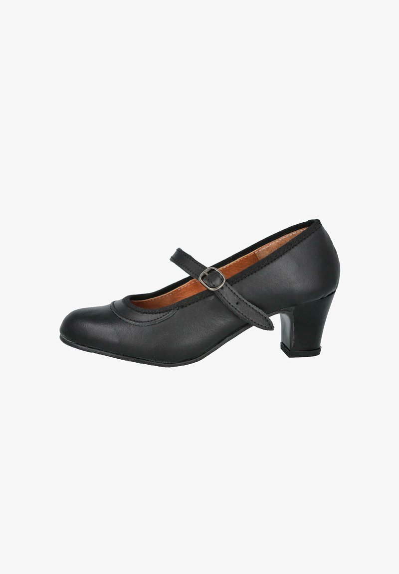 Zapato Mary Jane de cuero negro con puntera redondeada, correa ajustable con hebilla y tacón cuadrado de altura media. Textura suave y diseño sencillo.
