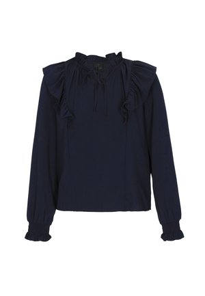 Blusa de manga larga azul marina con cuello y mangas con volantes. Fabricada en tejido suave, cuenta con un corte holgado y un diseño sencillo.