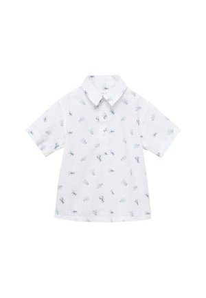 Chemise à manches courtes en tissu blanc avec un motif de homard bleu clair, dotée d'un col et d'une coupe décontractée sans poches.