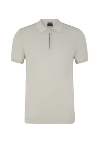 Kurzärmliges Poloshirt in Hellgrau, aus Strickstoff. Mit Kragen und einem halben Reißverschluss vorne. Glatte Textur und taillierte Passform.