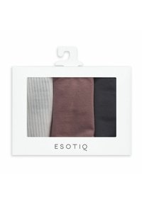 Trzy pary skarpetek w pudełku: szare prążkowane, jednolite w kolorze mauve oraz jednolite ciemnoszare. Opakowanie jest białe z przezroczystym okienkiem i zawieszką.