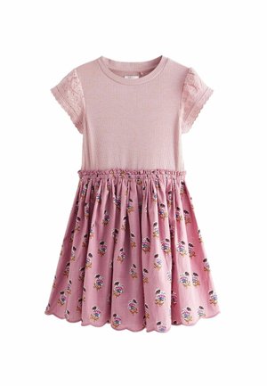 Robe rose à manches courtes avec haut en tricot côtelé, manches en dentelle et jupe froncée à motifs floraux avec ourlet festonné.