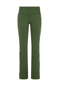 Elastyczne spodnie w oliwkowym kolorze z szerokim pasem i falbaniastym wykończeniem po bokach. Gładka tekstura i dopasowany, rozszerzany fason.