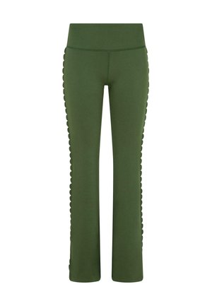 Olivově zelené elastické kalhoty s širokým pasem a vlnitými bočními detaily. Hladká textura a štíhlý, rozšířený střih.