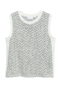 Top bianco senza maniche lavorato a maglia con motivo a zigzag nero sul davanti e schiena bianca unita, scollo rotondo, etichetta della taglia all'interno.