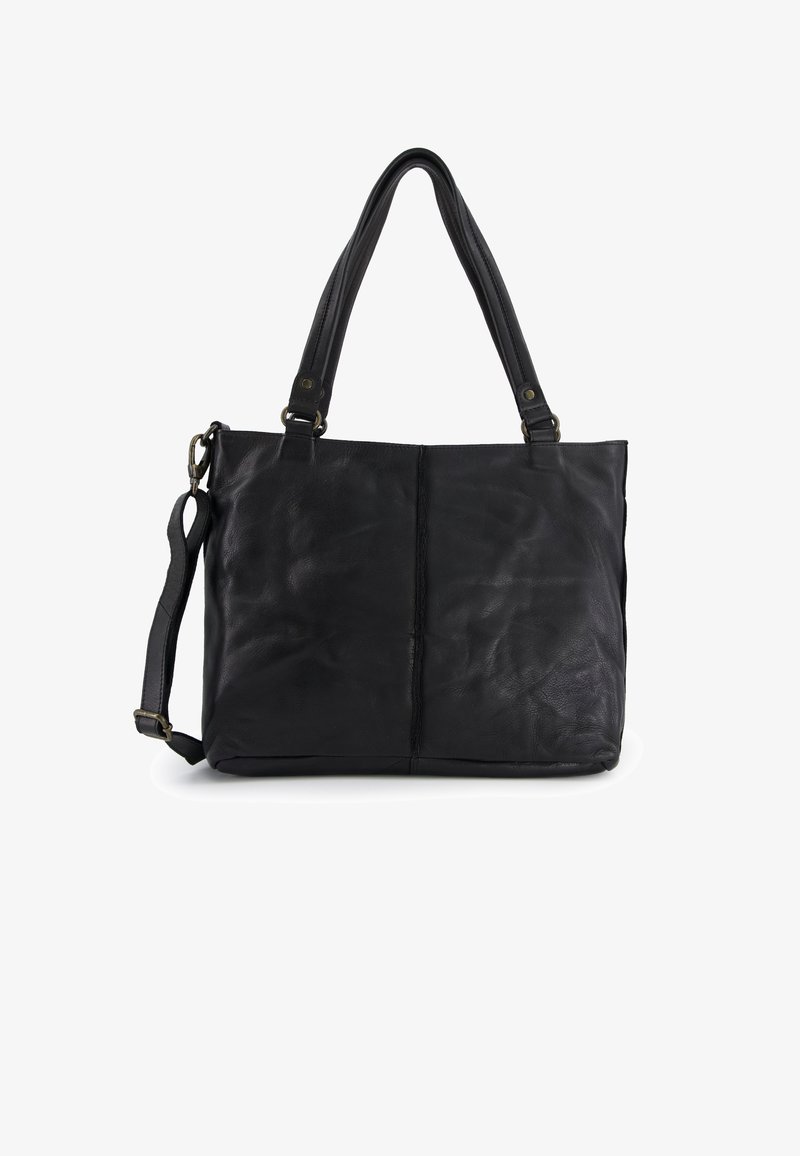 Black leather tote bag with dual handles and a detachable shoulder strap. Smooth texture with minimal stitching detail and no patterns.