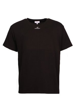 T-shirt noir à manches courtes avec col rond, avec le logo blanc "KLEINIGKEIT" imprimé sous l'encolure à l'avant.