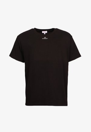 T-shirt noir à manches courtes avec col rond, avec le logo blanc "KLEINIGKEIT" imprimé sous l'encolure à l'avant.