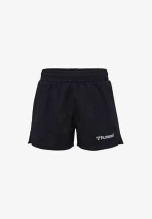 Shorts sportivi neri con elastico in vita, caratterizzati da fessure laterali e da un logo "hummel" bianco in basso a sinistra. Realizzati in tessuto leggero.