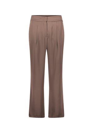 Braune high-waist Satin-Hosen mit Vorderfalten und geradem Bein, ausgestattet mit einem verdeckten Frontverschluss.