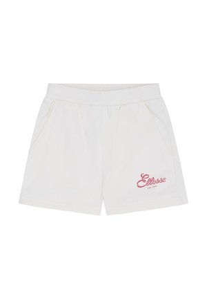 Shorts blancs décontractés avec taille élastique, poches latérales et petit logo rouge "Ellesse" sur la jambe inférieure gauche.