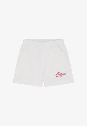 Pantaloncini casual bianchi con cintura elastica, tasche laterali e piccolo logo rosso "Ellesse" sulla parte inferiore della gamba sinistra.