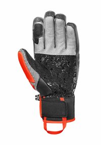 Schwarze und graue Handschuhe mit orangefarbenen Akzenten, strukturierter Handfläche, verstärkten Fingern und verstellbarem Handgelenkband. Hergestellt aus strapazierfähigen synthetischen Materialien.