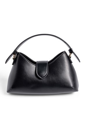 Juoda odinė rankinė su apvalia forma, vienu viršutiniu rankenėle ir užsegimu antklape. Lygus paviršius su subtiliais siuvinėjimo akcentais.