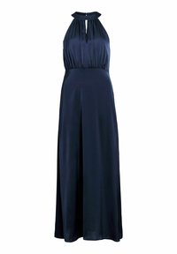 Granatowa sukienka na szyję wykonana z miękkiej tkaniny, z dopasowanym gorsetem, podkreśloną talią i zwiewną spódnicą sięgającą do podłogi.