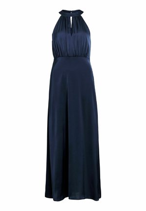 Marineblå halterneck-kjole laget av mykt stoff, med en tettsittende overdel, innsvingt midje og en flytende skjørt som rekker til gulvet.