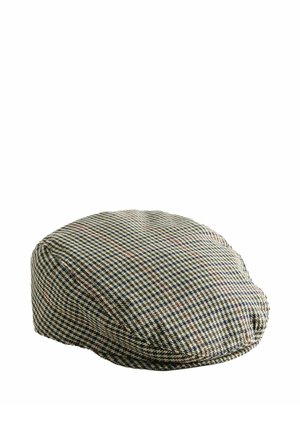 Flad tweed-kasket med et hundetandsmønster i nuancer af brun, beige og marineblå, med subtile røde og blå striber.
