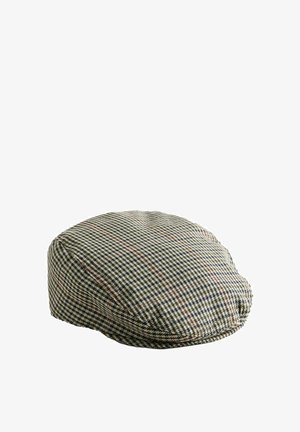 Flad tweed-kasket med et hundetandsmønster i nuancer af brun, beige og marineblå, med subtile røde og blå striber.