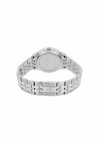 Silberne Edelstahluhr mit einem Gliederarmband. Runder Gehäuse mit glatter Oberfläche, runder Krone und graviertem Gehäuseboden.