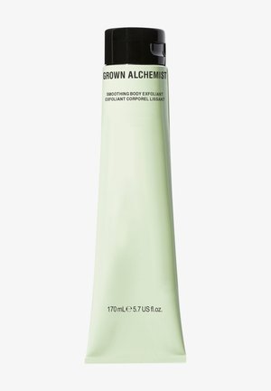 Smoothing body exfoliant i en lys grøn, klembar tube med en sort låget. Teksten er tydeligt vist på fronten. Kapacitet: 170 mL.