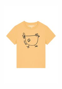 Geel katoenen t-shirt met een zwarte omtrektekening van een kip en de tekst "le poulet" op de voorkant. Korte mouwen en ronde halslijn.