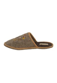Gray felt slipper with a slip-on design. Lined with brown trim and featuring floral embroidery in yellow, orange, and white on the top.