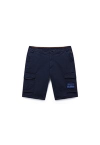 Pantalones cortos cargo azul marino con bolsillos delanteros, cierre de botones, trabillas para cinturón y un parche con una bandera cruzada en el bolsillo cargo derecho.