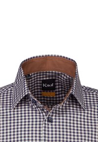 Camicia a scacchi blu navy e bianca con colletto a contrasto marrone. Presenta una chiusura con bottoni e una vestibilità moderna. L'etichetta indica la taglia S.