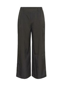Zwarte wijde broek van stof met subtiele strepen. Heeft een elastische tailleband voor comfort en een soepele textuur.