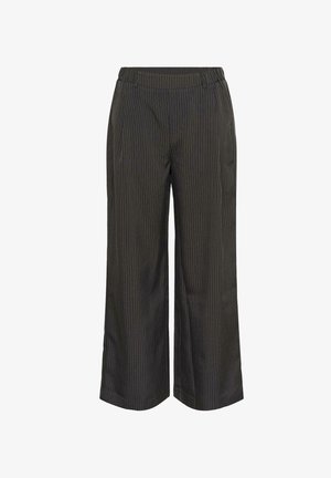 Pantaloni cu croi larg, confecționați dintr-un material închis, cu dungi fine. Au o talie elastică pentru confort și o textură netedă.